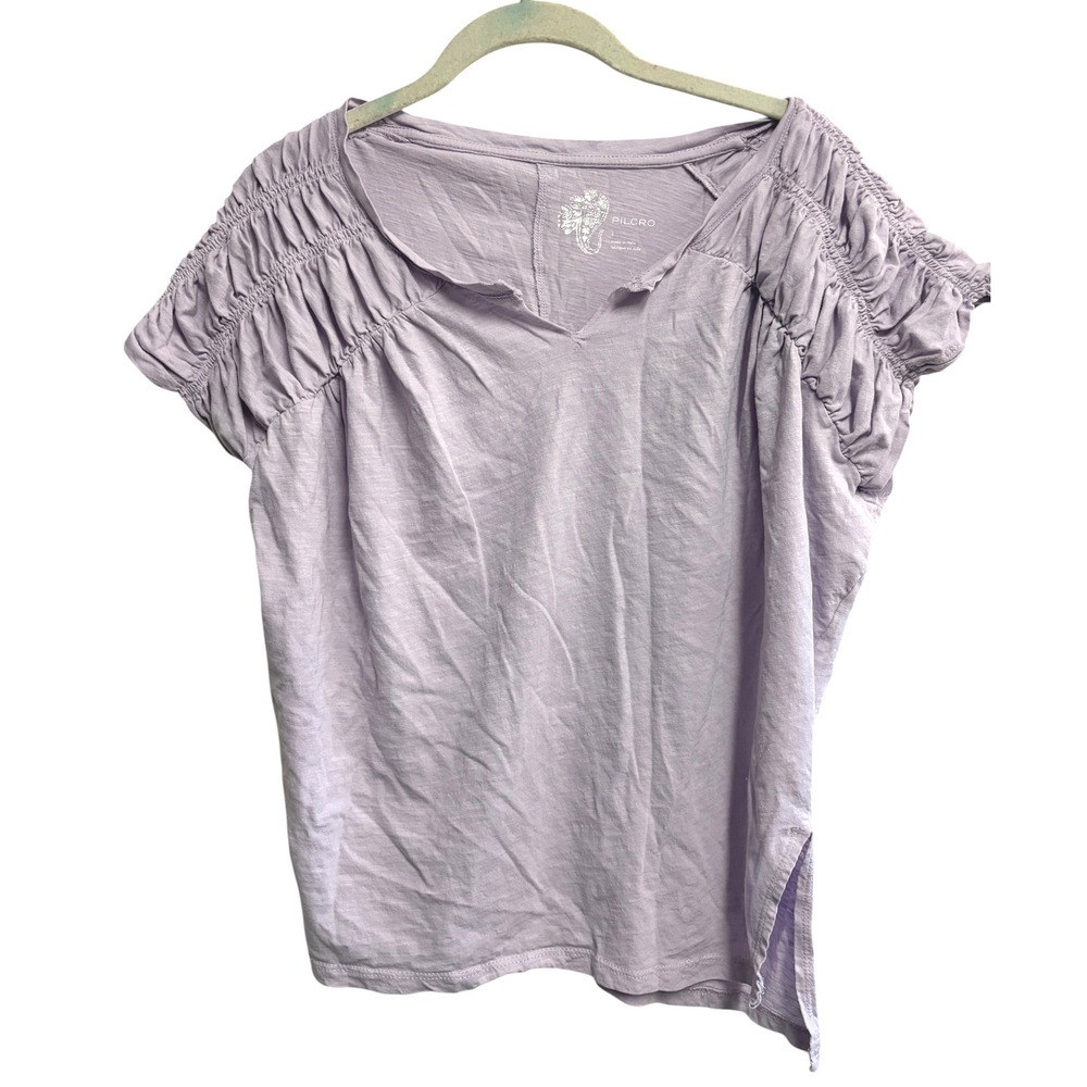 Anthropologie Pilcro Boho Lavender Ruched Sleeve Feminine Cotton Tee Small